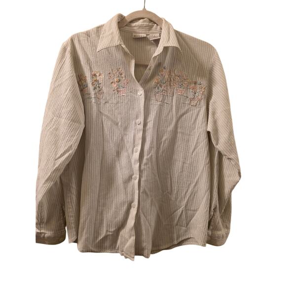 Vintage Tops - Vtg 90s Floral Embroidered Womens Pastel Striped Button Up Shirt Size S Koret